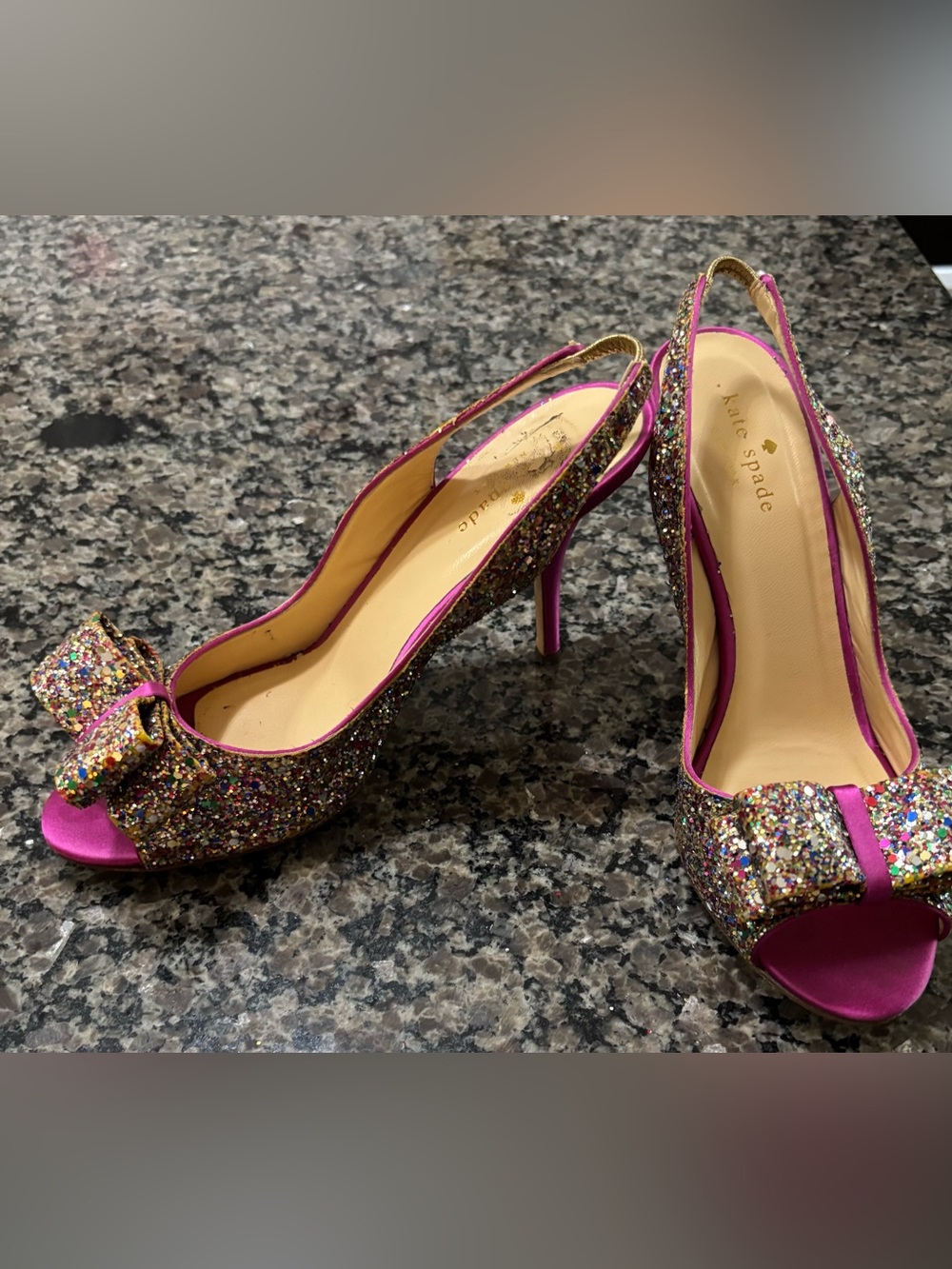 kate spade Fuchsia Multi-Glitter Bow Slingback Heels. Sz 8.